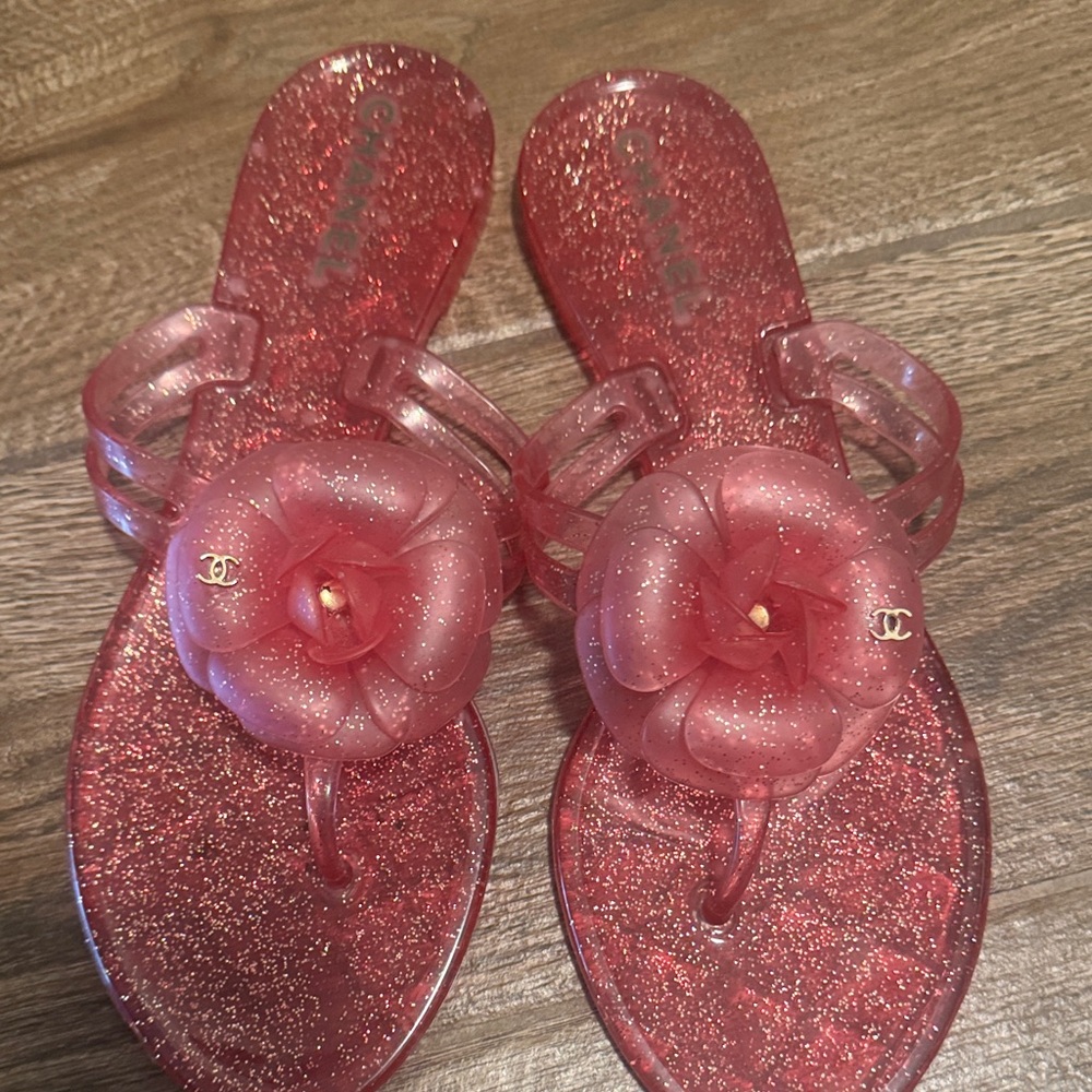 Chanel Pink Glitter Sandals with Floral Detail